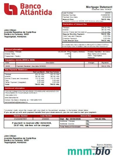 Honduras Banco Atlantida wyciąg z kredytu hipotecznego szablon Word i PDF